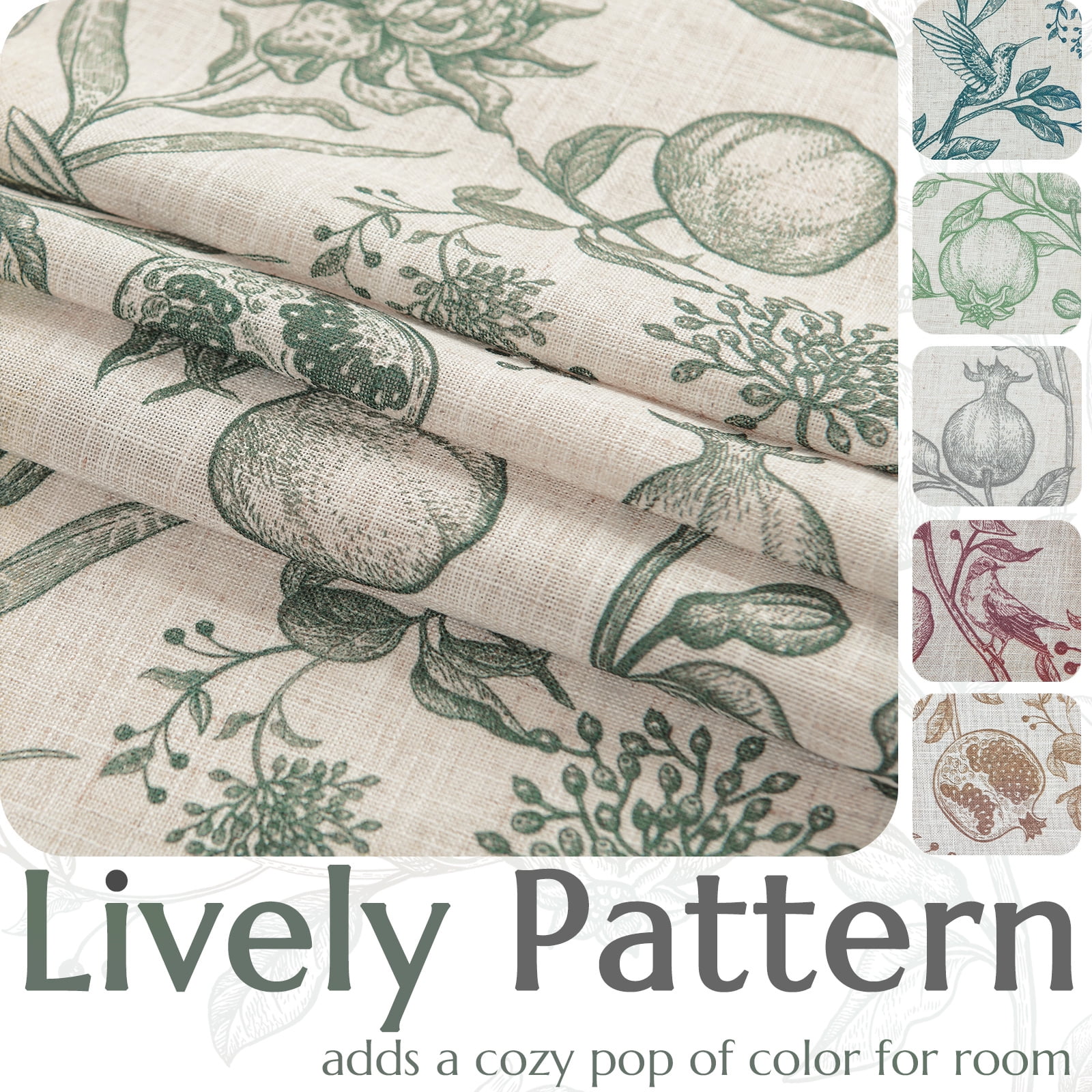 Curtainking Linen Floral Curtains 84 inch Length Curtains Back Tab Light Filtering Farmhouse Drapes for Living Room Bedroom 2 Panels Dark Green