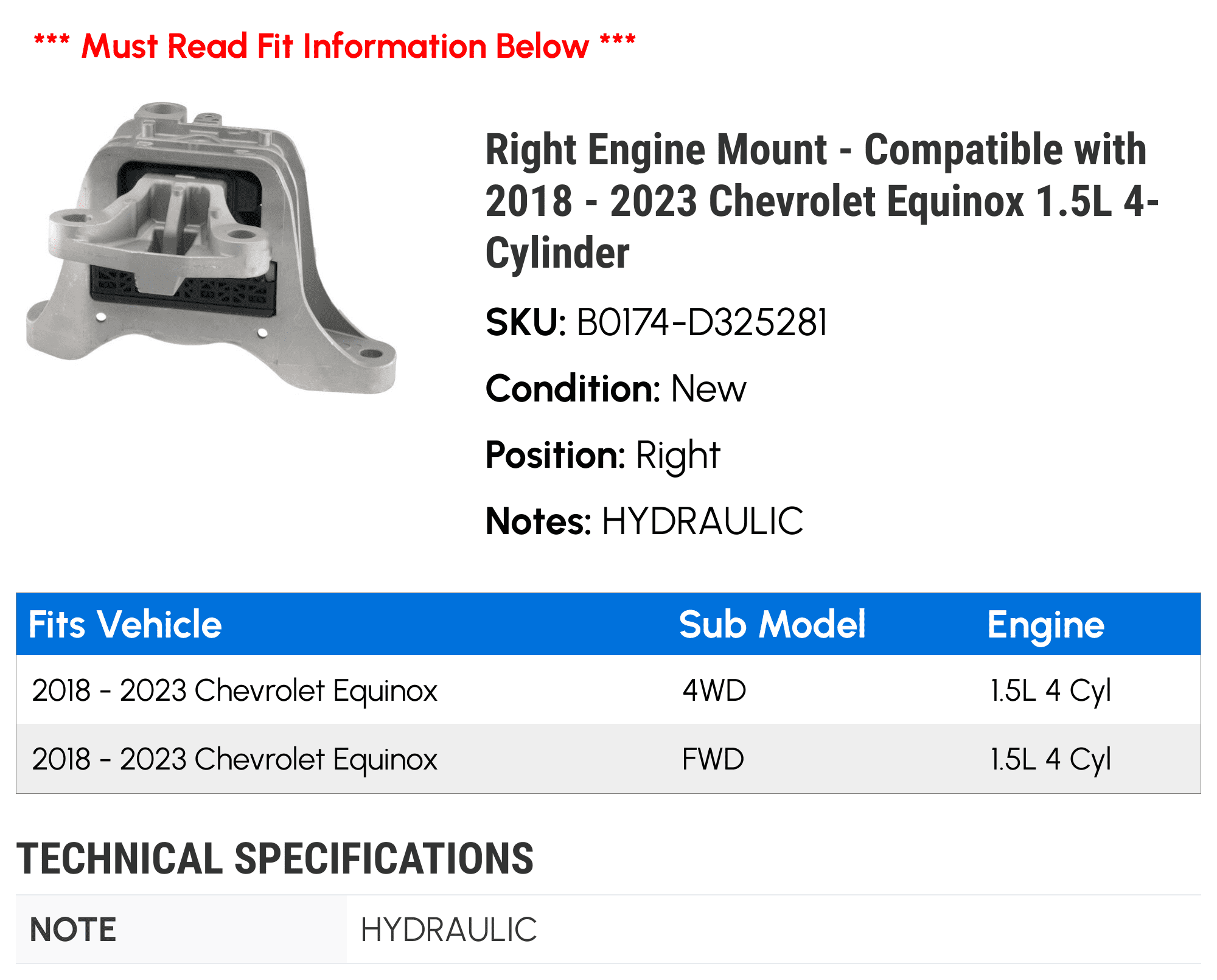 Right Engine Mount - Compatible with 2018 - 2023 Chevy Equinox 1.5L 4-Cylinder 2019 2020 2021 2022