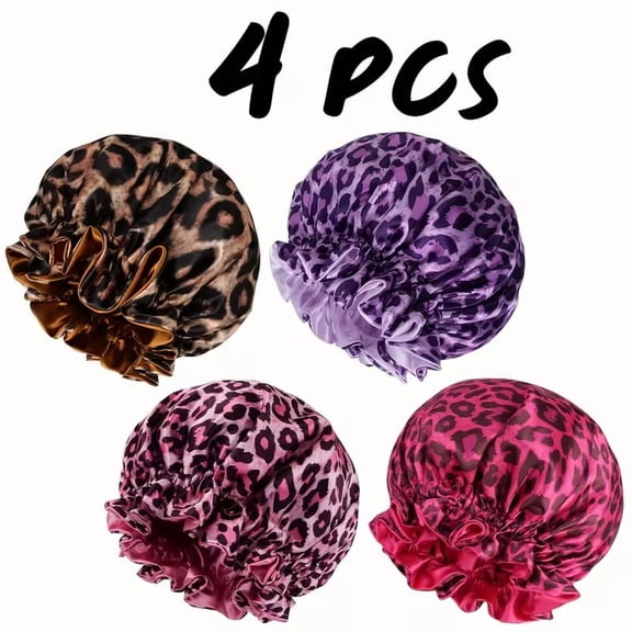 ROHAJSHOP 4 Pack Satin Sleeping Bonnet, Large Satin Sleep Bonnet with Long Strap, Adjustable Sleep Cap Hair Bonnet for Women & Men, leopards prints