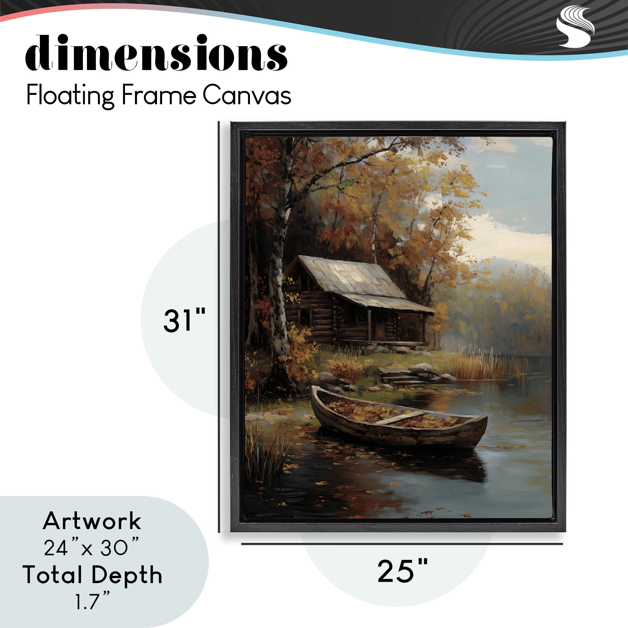 Autumn Cabin Canoe with Leaves Black Framed Floater Canvas Wall Art, design by Arlington Prints