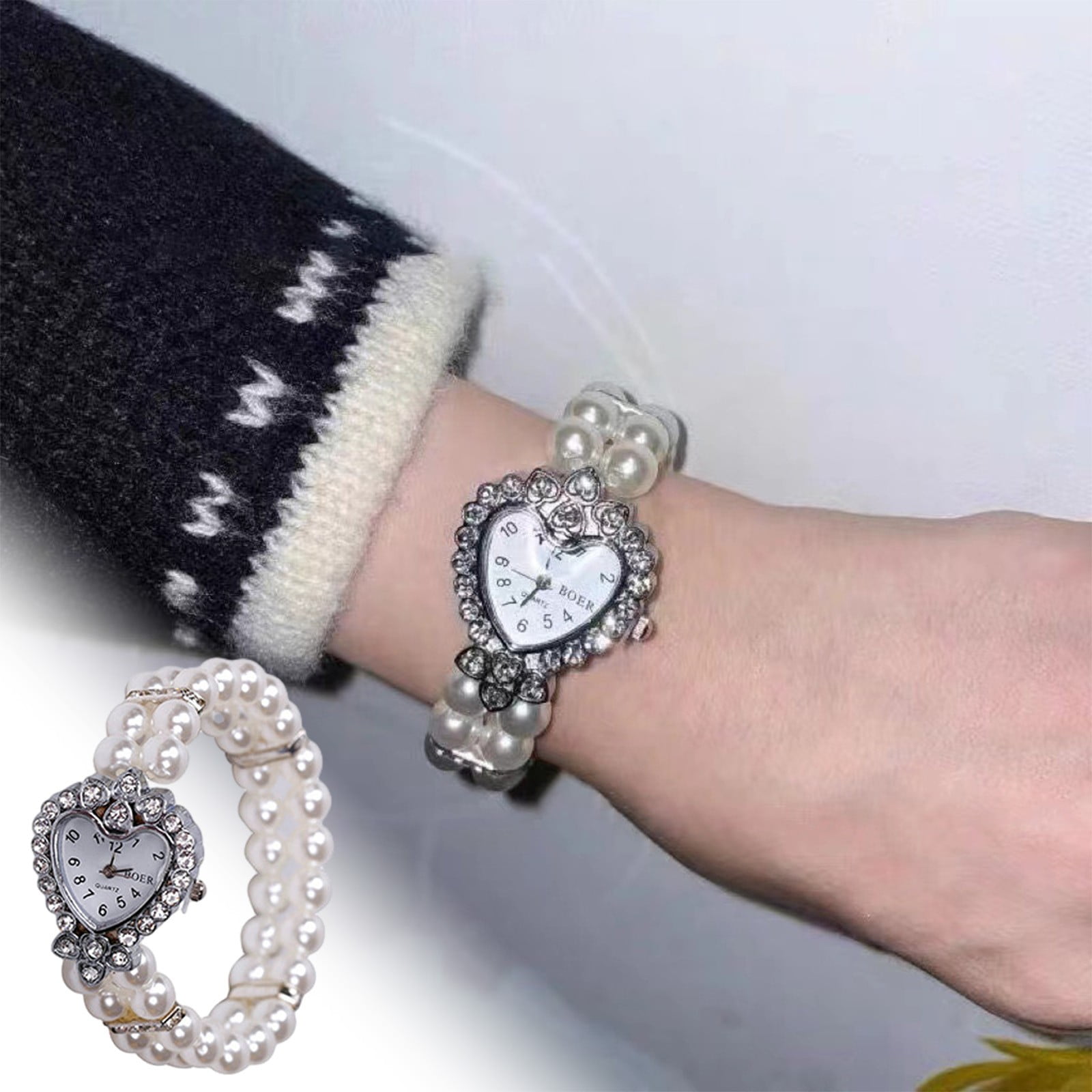 Best Savings Female Watches Diamonds Quartz Watch Double Imitation Pearls Elastic Bracelet Wristwatch Heart Shaped Women s Wristwatch Watch for