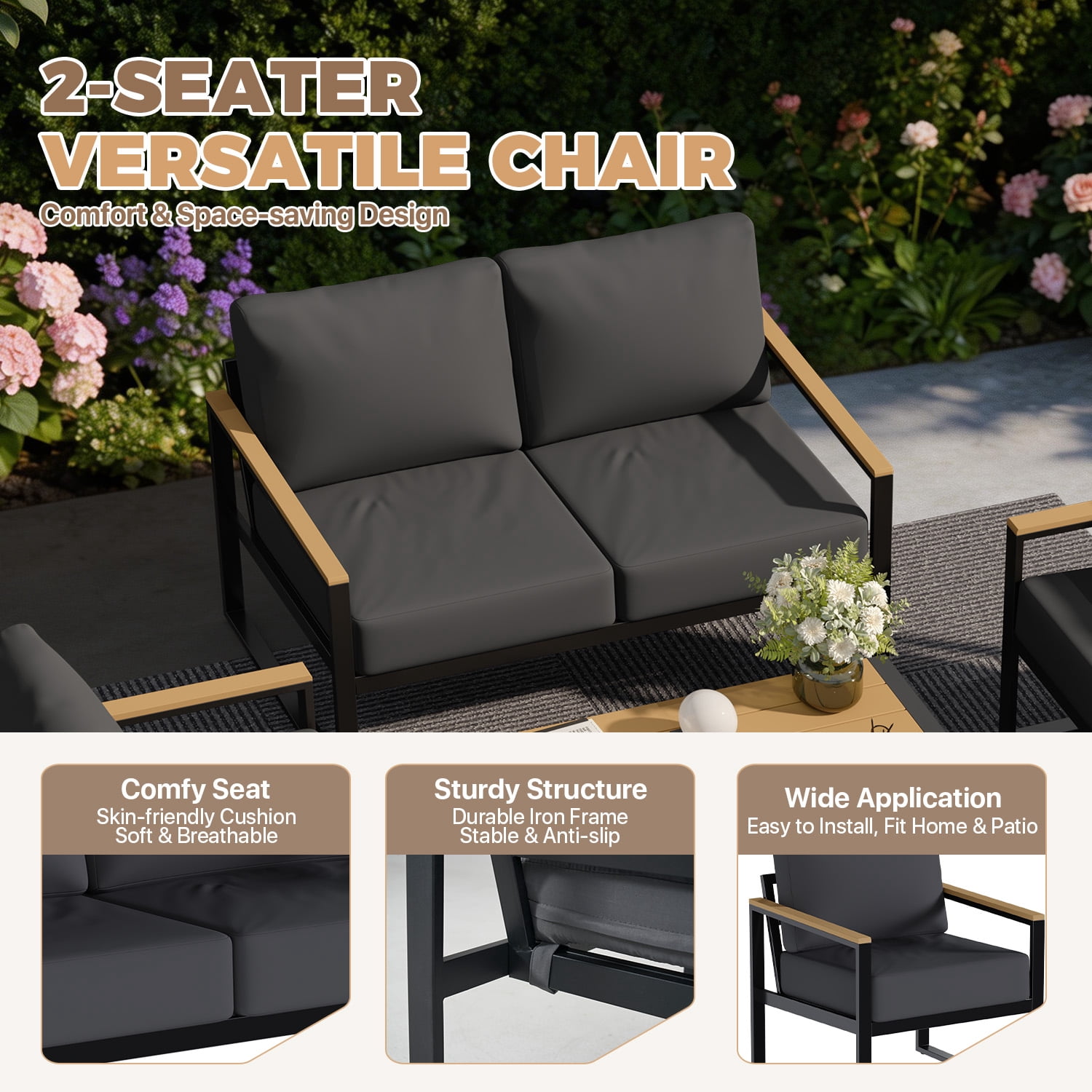 BaPiPro 4PCS Outdoor Exposed Tube Sofa Set, Dark Gray Modern Sturdy Steel Frame & PS Composite Wood Armrest Patio Furniture Set with Coffee Table, All-Weather Removable Washable Polyester Cushions fo