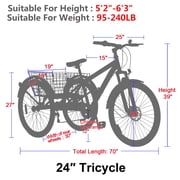 FICISOG Mountain Tricycle for Adults, 3 Wheeled 7-Speed Mountain Tricycle 24 inch 26 inch 27.5 inch Mens Womens Tricycles Cruiser Bike Featuring Disc Brakes, Cargo Basket