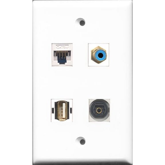 RiteAV 1 Port RCA Blue and 1 Port USB A-A and 1 Port Toslink and 1 Port Cat5e Ethernet White Wall Plate