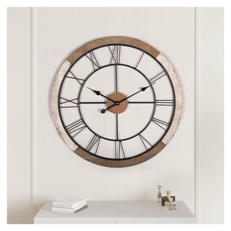 Wall Clock,Living Room Decor,27.5 Inch,Office Clock,Rustic Roman Numeral,Round Wooden,Battery Operated,For Home or Office,Distressed White
