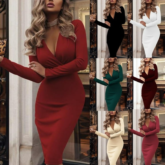 Idoravan Women's Dress Summer Womens Solid Slim Long Sleeve Deep V Neck Pleated Long Bag Hip Hedging Dress