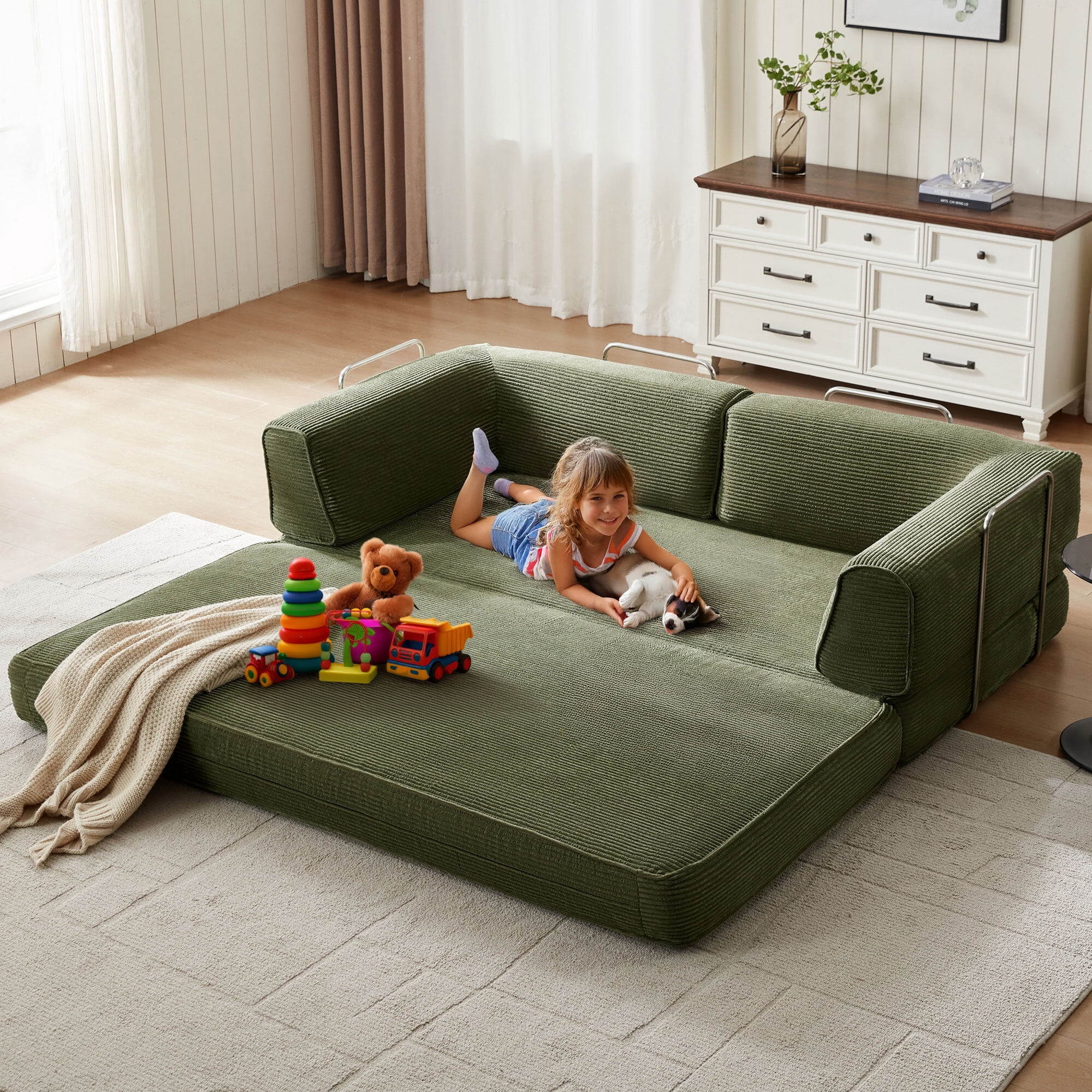 Linsy Home Corduroy Futon Sofa Bed Couch, Convertible Boneless Cloud Couch Bed,  King Size Sleeper Sofa Bed, Green