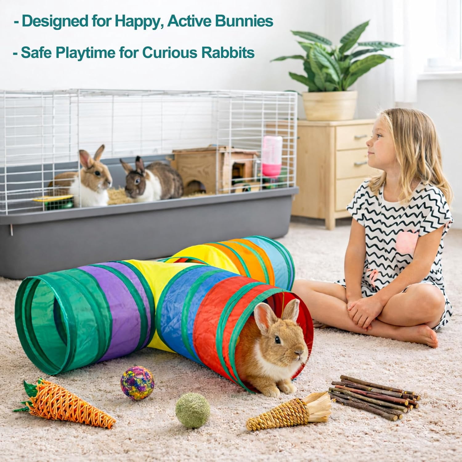 Rabbit Toys, Bunny Tunnels and Tubes with Chew Toys for Grinding Teeth Apple Sticks Bamboo Carrot Loofah and Grass Ball for Rabbit Guinea Pig Chinchilla Ferret Rat