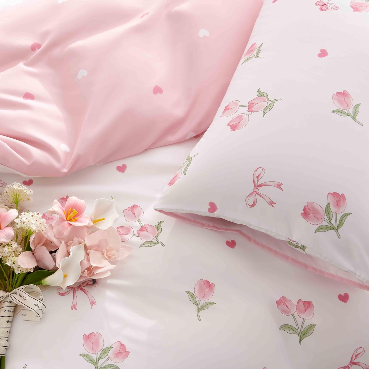 JOLUSERE Pink Tulip Twin Comforter Set, 2-Piece Pink Flowers Reversible Soft Bedding Set or Adults All Season