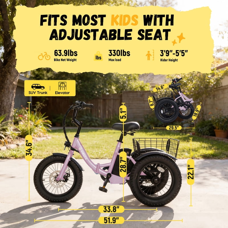 ESKUTE T300mini Electric Tricycle for Beginners, 16" x 3.0 Fat Tire Folding 3-Wheel E-Bike, 500W Peak Motor, 302Wh Battery, Step-Thru, 12.5 MPH, Pink with Lock，Phonebag and mirror, UL2849