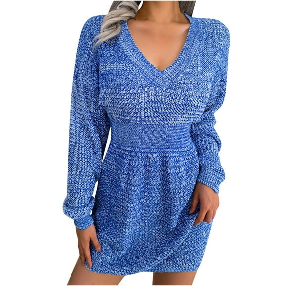Fesfesfes Women Sweater Lantern Long Sleeve Multicolor Printing V-neck Pullover Casual Loose Dress