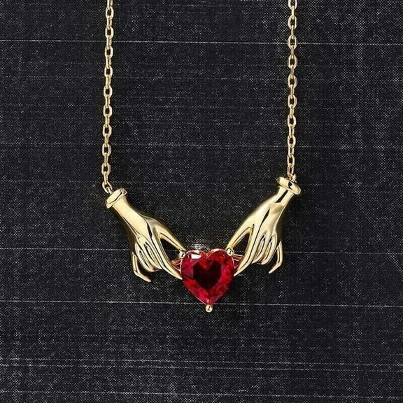 1CT Red Garnet 925 Silver Hands Holding Heart Pendant 14k Yellow Gold Plated