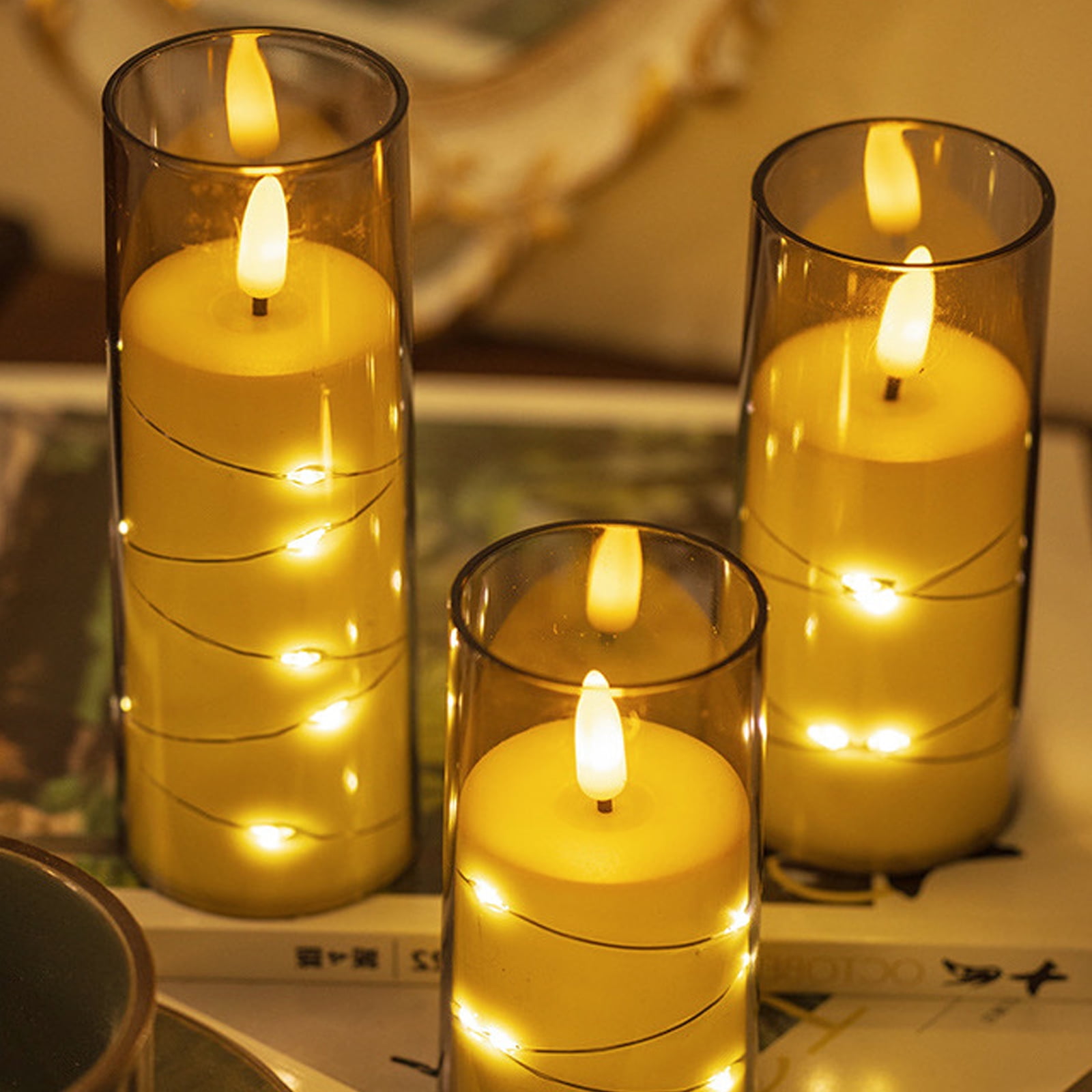 DICEEVIL 5 Pcs Flameless Candles with Embedded Star String, Battery Operated Candles Acrylic LED Pillar Candles with Timer and Remote, Flickering Candle for Romantic Ambiance Home Decoration (Grey)