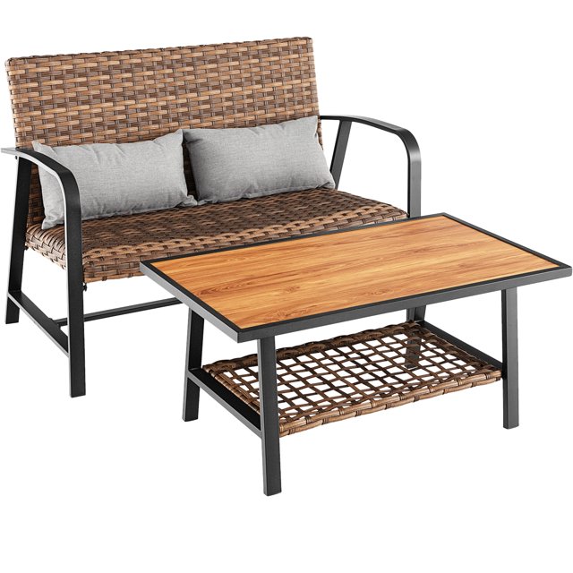 Gymax Set of 2 Rattan Loveseat Coffee Table Set w/ Padded Back Seat Pillow Patio