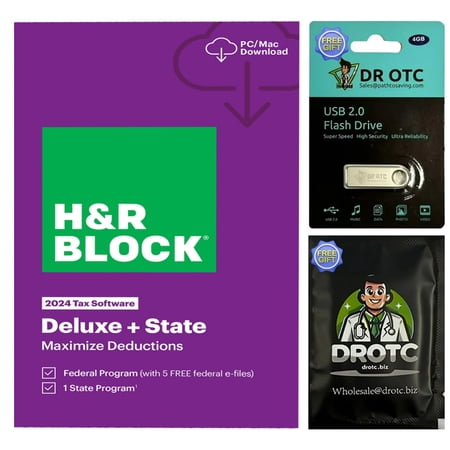 H&R Block Tax Software Deluxe + State 2024 PC/Mac [Key Card] - Brand New - BONUS FREE Dr OTC Eyelid Cleansing Wipe + FREE Dr OTC USB Drive 4GB