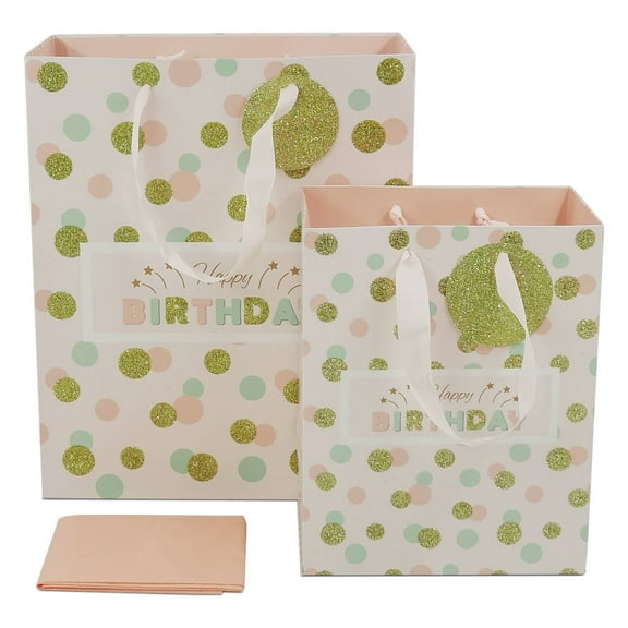 Birthday Gift Bags with Tissue Paper and Gift Tag, 9'' Medium and 13'' Large Assorted Sizes Gift Bags for Kids Women Girls (Gold, Pink and Green Dot)