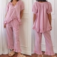 thumbnail image 2 of Women Plaid 2 Piece Pyjamas Set Ruffle Hem Button Down Babydoll Shirt Bell Bottom Pants Gingham Lounge Set Sleepwear, 2 of 9
