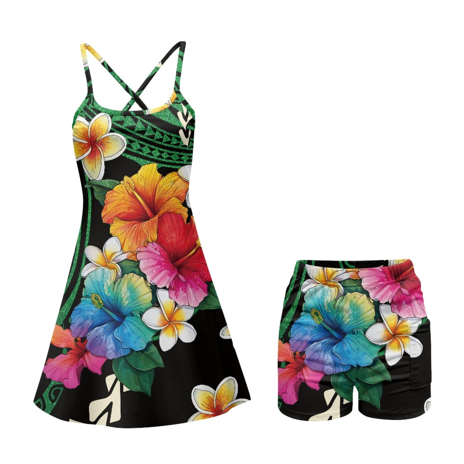 Yuyamidu Green Polynesia Athletic Tennis Dress Built-in Shorts with Pockets, Colorful Hibiscus Sport Dress Cross Open Back Golf Dresses for Women Size S