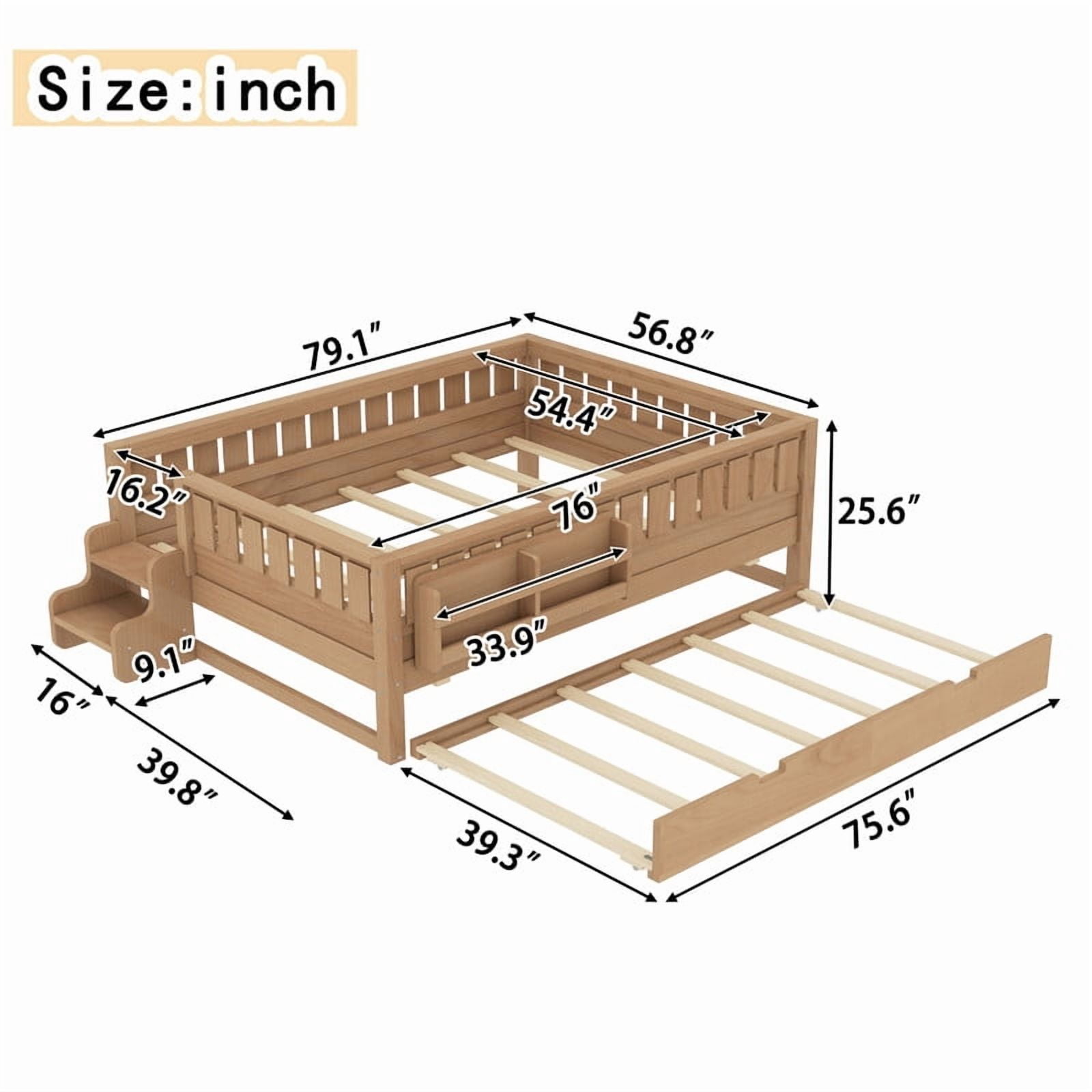 Full Size Low-Profile Kid's Platform Bed with Built-in Bookshelves & Small Staircase, Wooden Bed Frame with Safety Rails & Trundle