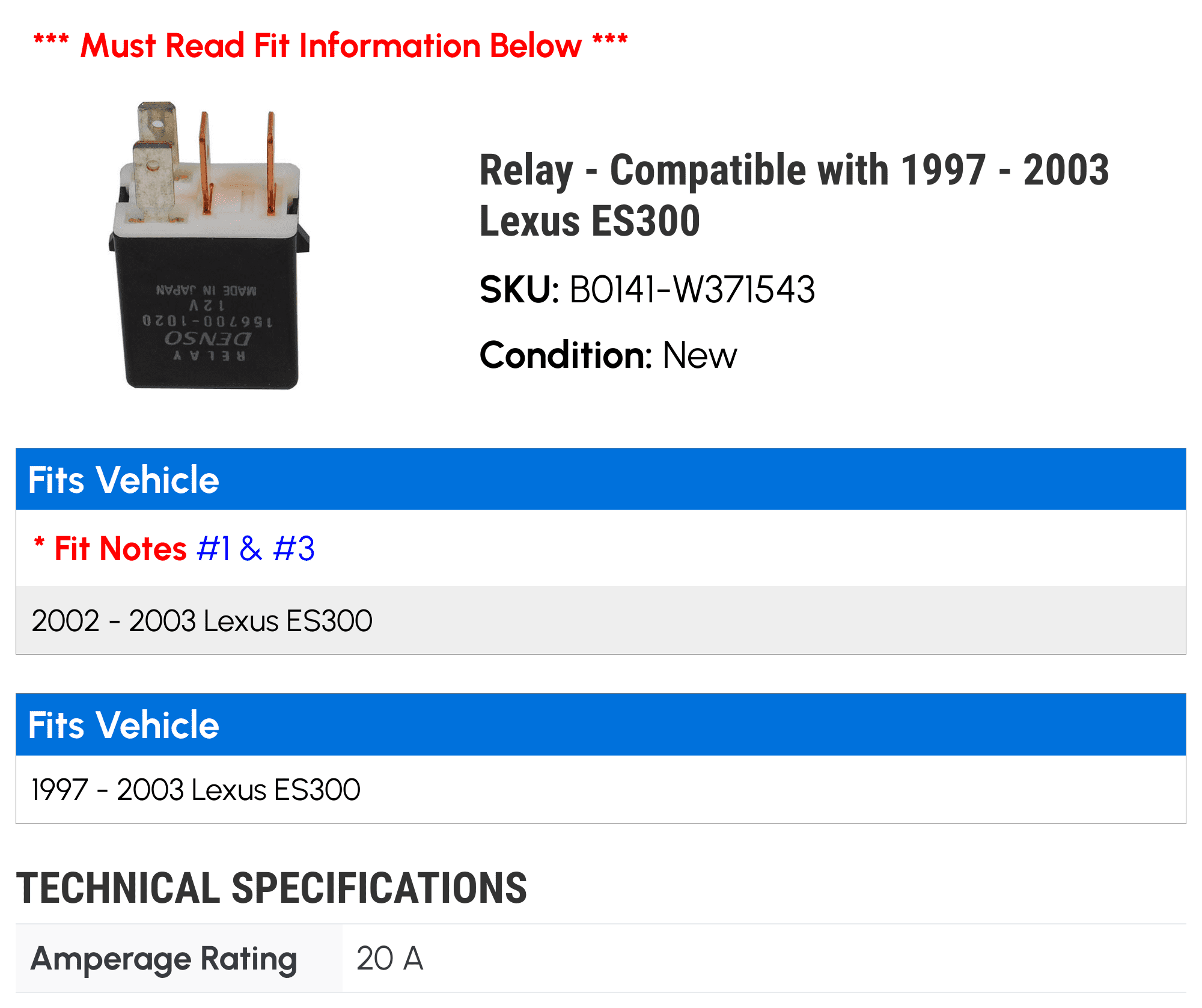 Relay - Compatible with 1997 - 2003 ES300 1998 1999 2000 2001 2002