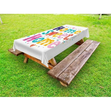 

Home Sweet Home Outdoor Tablecloth Typography Lettering in Lively Colors and Floral Elements Diamonds Hearts Decorative Washable Fabric Picnic Tablecloth 58 X 104 Inches Multicolor by Ambesonne