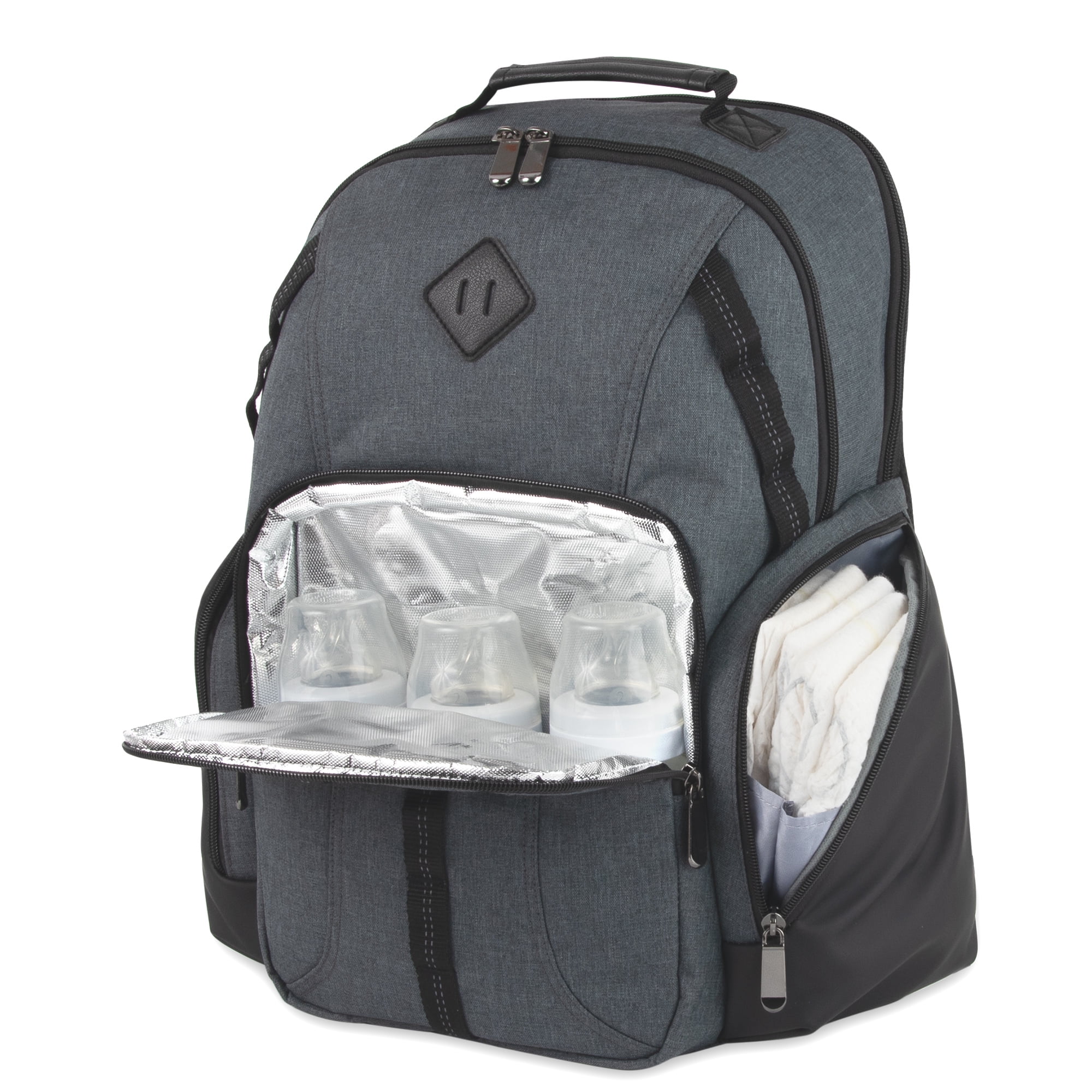 Baby Essentials Super Cooler Multi-Pocket Dual Zipper Closure Diaper Bag Backpack with Matching Changing Pad, Insulated Bottle Pockets and Stroller Straps in Gray & Black