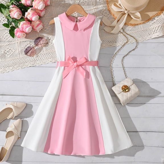 Angala Daily Wear Dress For Girls Sleeveless Crew Neck Colorblock With Bowknot Girls Back To School Dresses