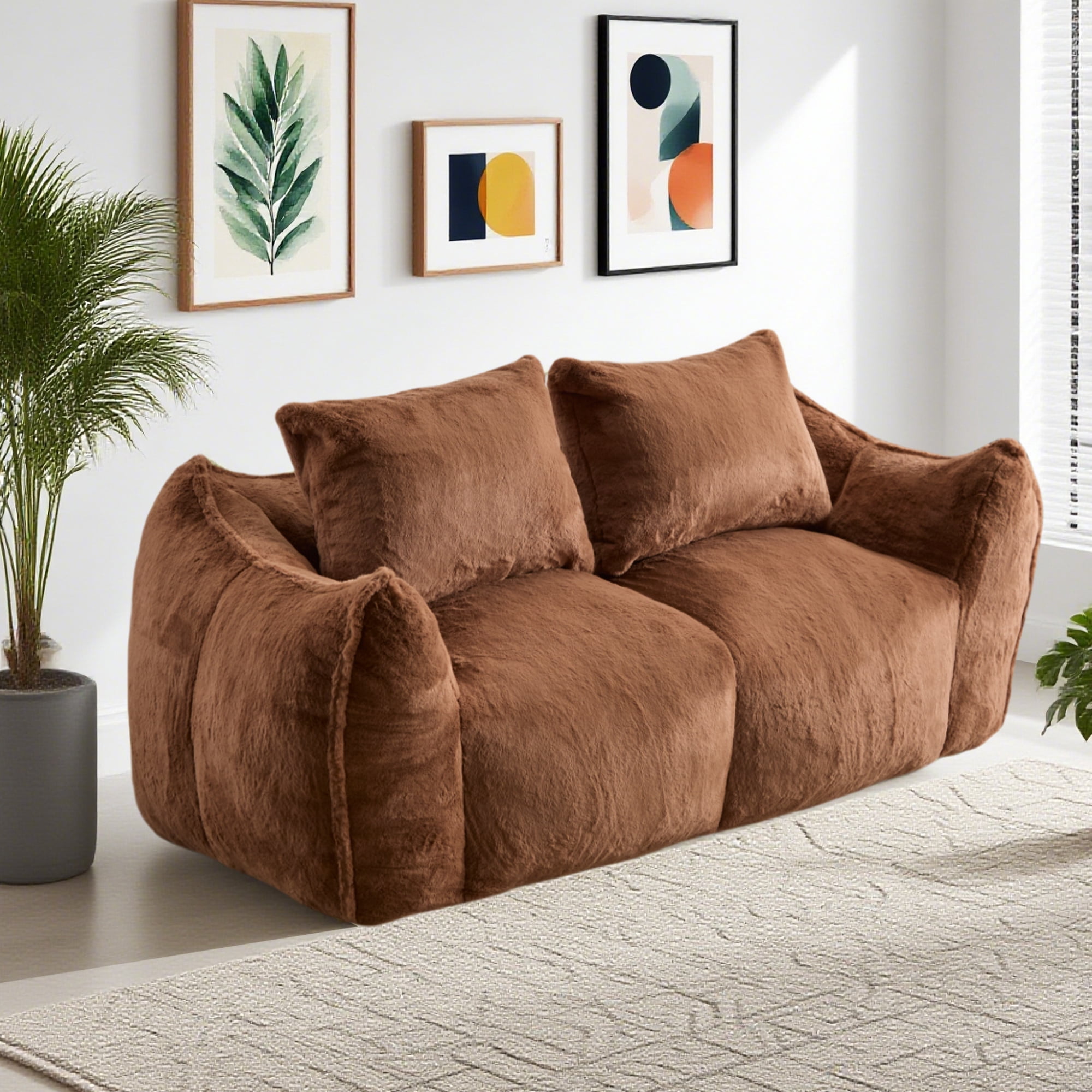 Aukfa Faux Fur Loveseat, 25" Deep Seat Giant Bean Bag Sofa for Living Room, Brown