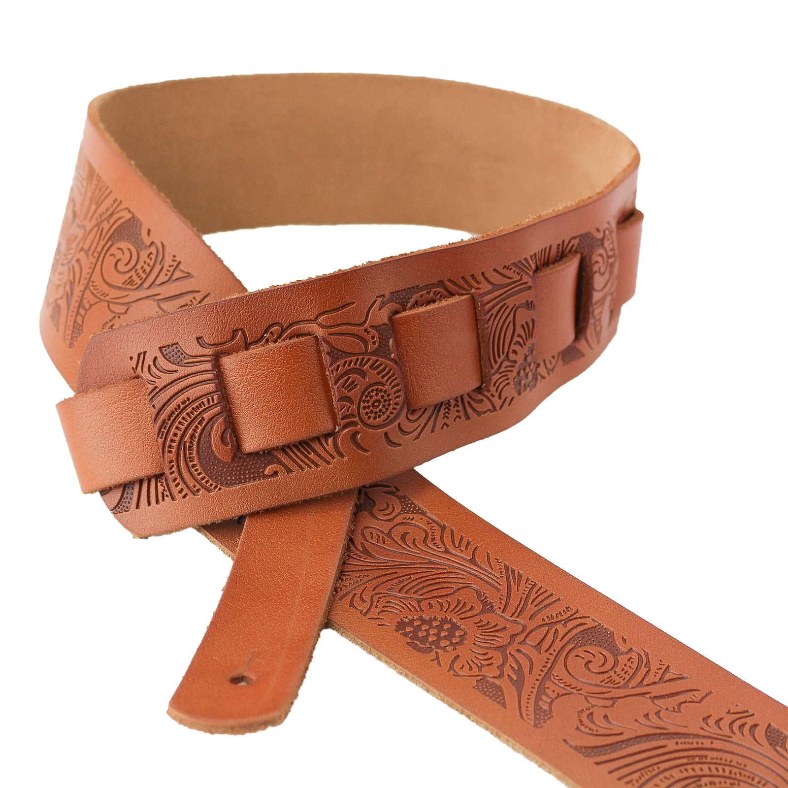 Walker & Williams SP-73 Saddle Tan Italian Leather Guitar Strap with Live Oak Tooling