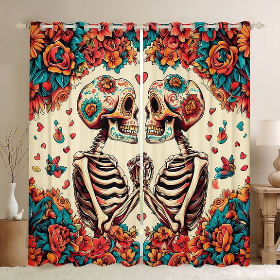 Homewish Romantic Couple Skeleton Black Out Curtains, Retro Rustic Flower Floral Curtains Pack of 2 (42x63 Each), Mandala Bohemian Style Bedroom Curtains, Black Out Curtains Room Decor