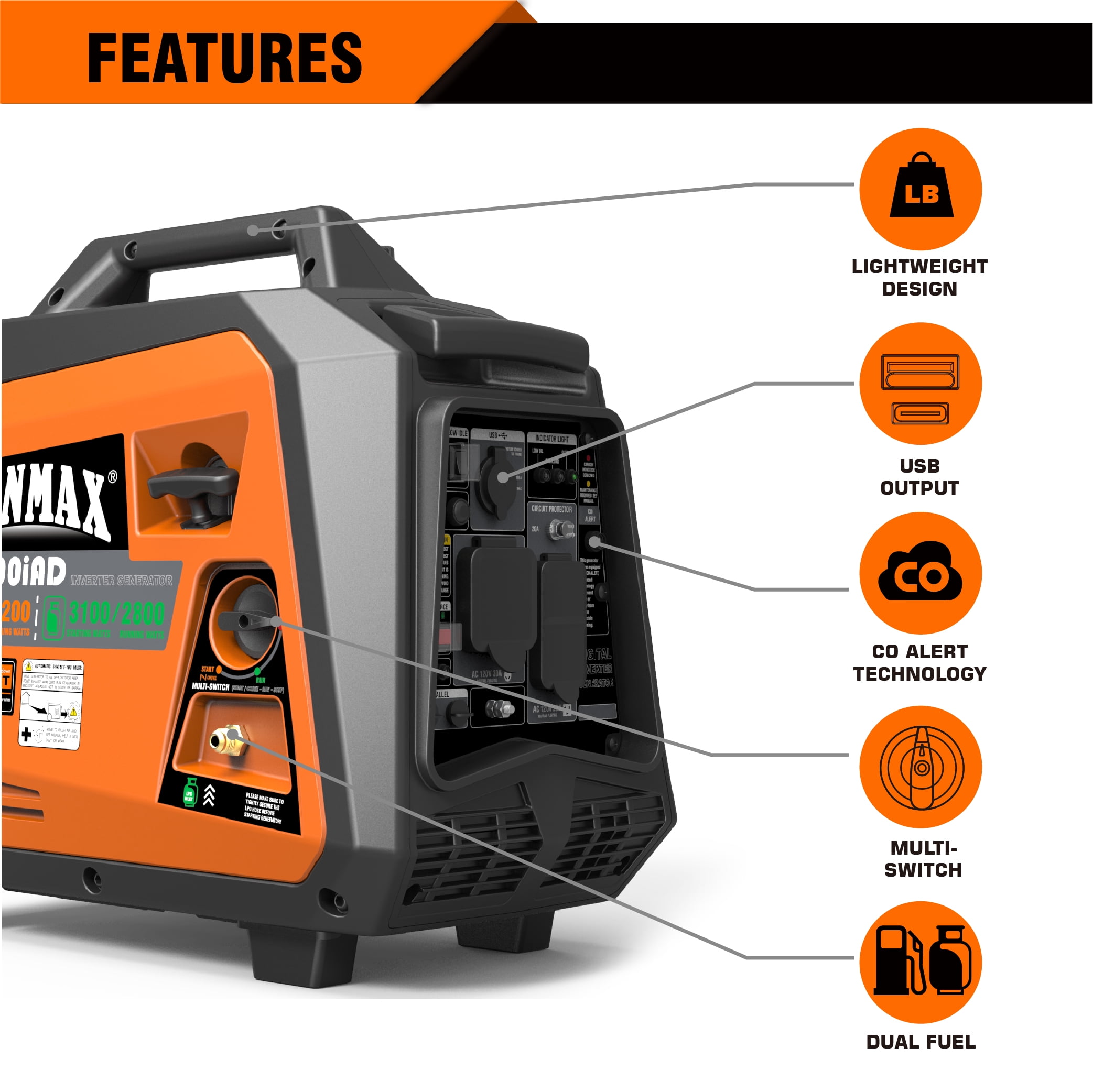 Genmax 3200W Dual Fuel Pull Cord Start Inverter Generator, CO Detect Shutdown