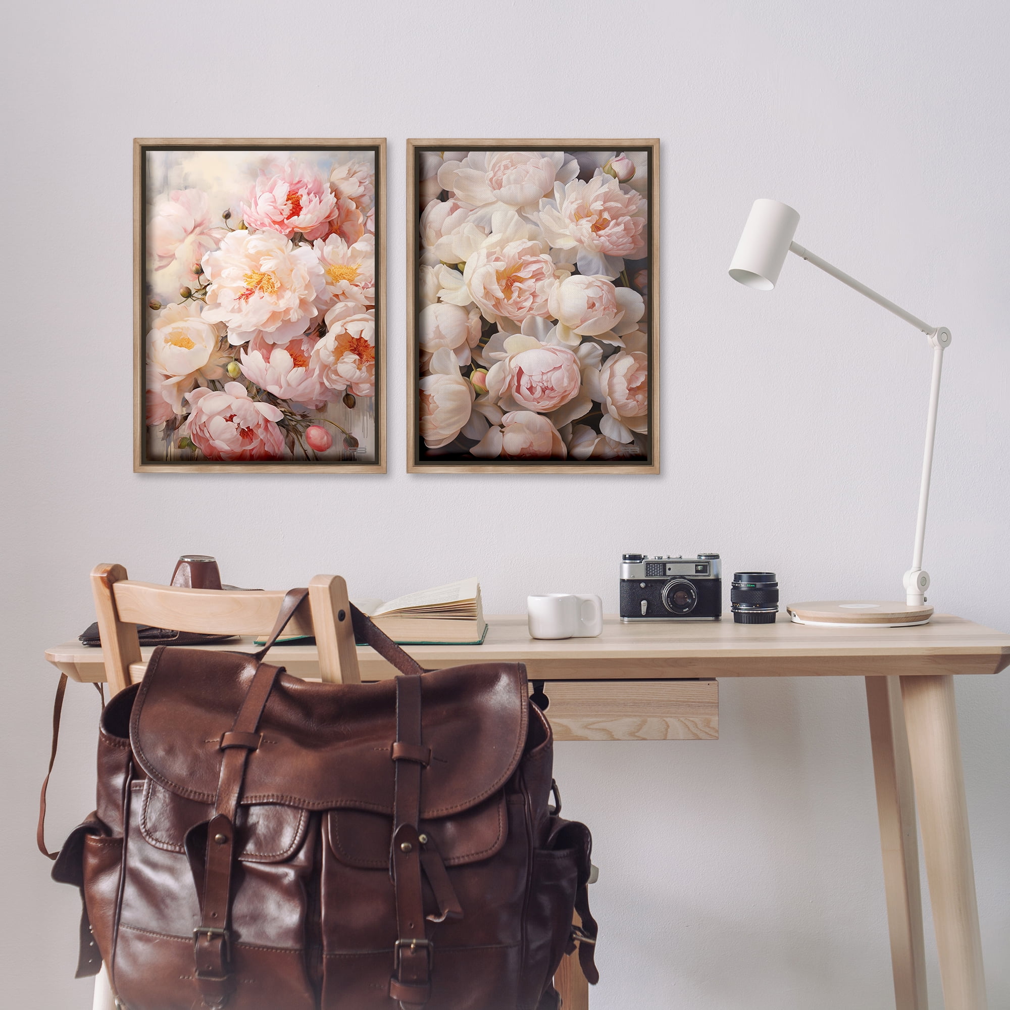 Stupell Industries Soft Pink Cabbage Roses Plants & Flowers Painting Brown Floater Framed Canvas Art Print Wall Art, 17 x 25, Set of 2