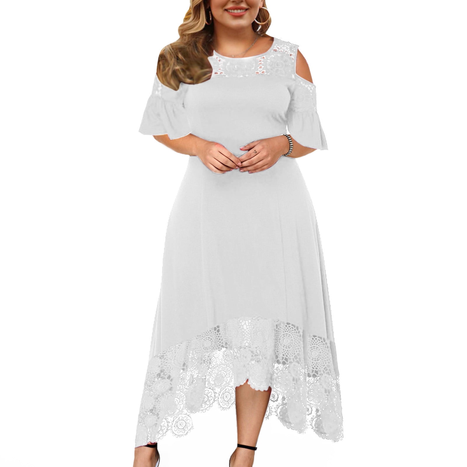 Lopecy-Sta Plus Dress Short Sleeve Lace Dresses for Women Round Neck White - 3XL - Walmart.com