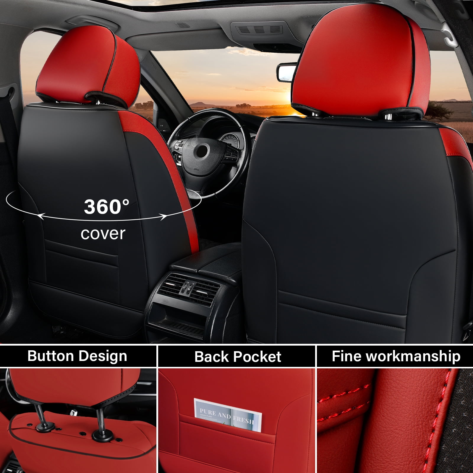 Coverado Black&Red Car Seat Covers Full Set, Faux Leather Seat Protectors with Embossed Grains, Front and Back Auto Cushions Universal Fit Most Cars, Sedans, SUVs and Trucks