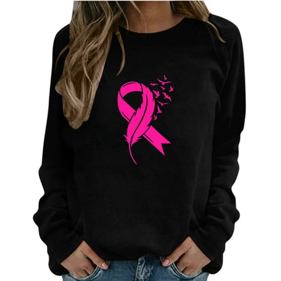 jsaierl Womens Strong Breast Cancer Sweatshirt Pink Ribbon Print Tops Long Sleeve Graphic Sweatshirt Crewneck Pink Sweatshirt October Workout Tops Pullover Sweatshirts for Teen Girls