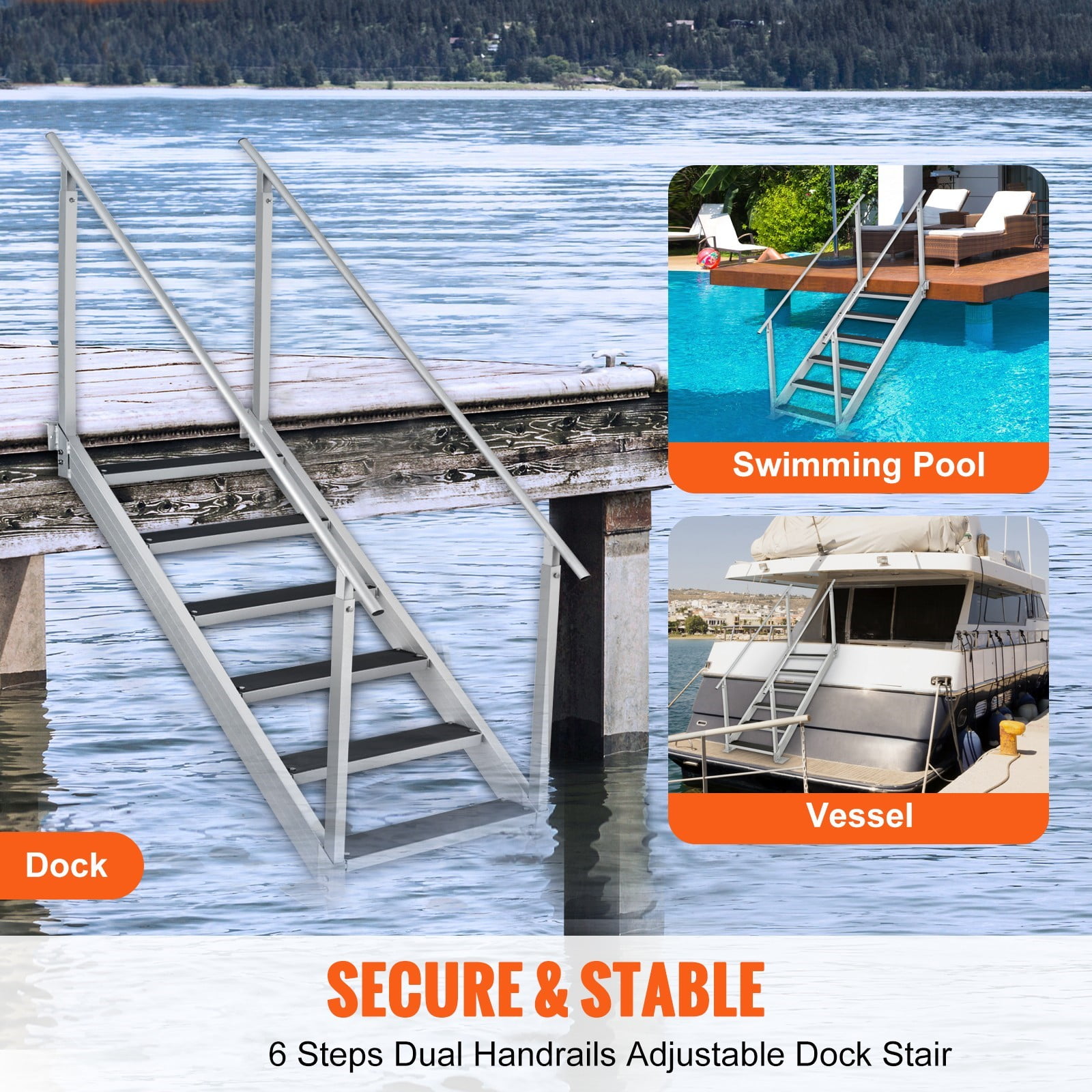 VEVOR Aluminum Dock Ladder Boat Dock Ladder 43-51in Height Adjustable 6 Steps