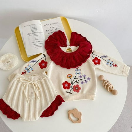 

DancePeanut Autumn New Baby Girls Clothes Set Lotus Collar Flower Embroidery Sweater Top Lace Shorts Clothing Set Kids Knitted Sweet Outfit