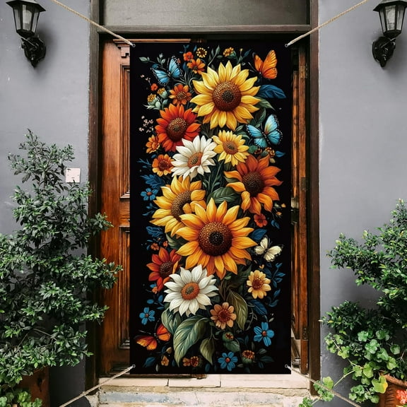 1 Pc Sunflower Door Cover Black Summer Door Cover Banner Photography Background Party Supplies For Everyday Party Front Door Decoration 35.4x72.8 inch(90x185cm)