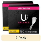 (2 pack) U by Kotex Balance Daily Wrapped Panty Liners, Light Absorbency, Regular Length, 150 Ct