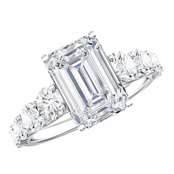 Rosec Jewels 3 Carat Lab Grown Diamond Emerald Cut Engagement Ring with Side Stones - IGI Certified - E-VS1 Quality, 925 Sterling Silver, US 4.00