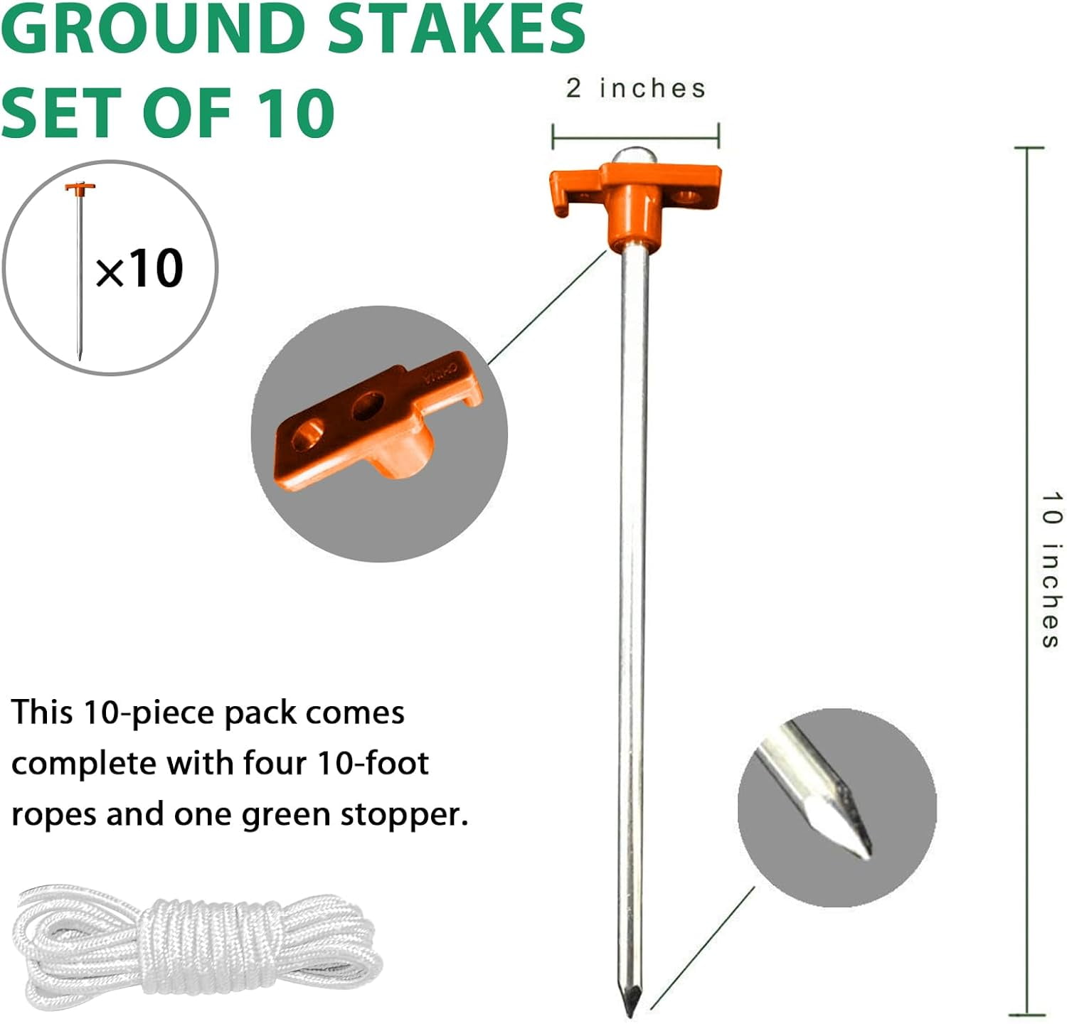 MHAWBL-USA Galvanized Non-Rust Camping Family Tent Pop Up Tent Stakes Canopy Anchors Heavy Duty 10pc-Pack, with 4x10ft Ropes & 1 Orange Stopper