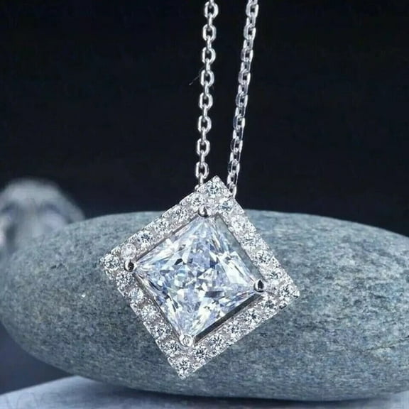 Silver Shop 2Ct Princess Cut Women Beauty Pendant Cubic Zirconia 14K White Gold Finish