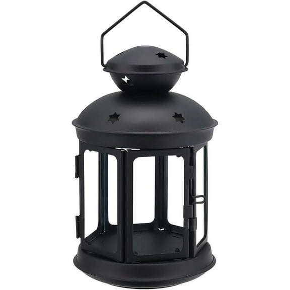 1pc Vintage Design Candle Lanterns with Stars Portable Iron Candle Holder with Clear Glass Window Frame Candlestick Night Lamp Romantic Xmas Wedding Party Decoration(Black