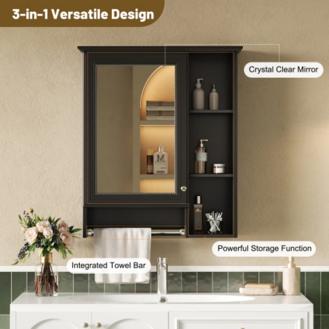 24" Wall Mounted Medicine Cabinet with Mirror, Bathroom Storage Cabinet with Adjustable Shelf, Soft Close Door & Towel Bar, Modern Over Toilet Organizer, Black