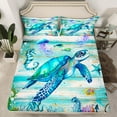 thumbnail image 2 of Coastal Bed Sheets Set Queen,Summer Sea Turtle Jellyfish Sheet Set ,Tropical Starfish Coral Sheets,Farmhouse Wooden Barn Flat Fitted Sheet with 2 Pillowcases Wrinkle Free, 2 of 5
