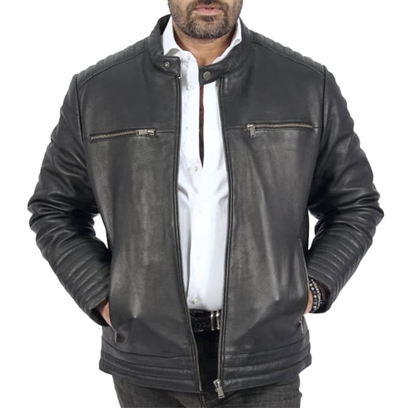 Boston Harbour Dave Casual Classic Mens Real Leather Jacket - Black Bomber Biker Leather Jacket Mens