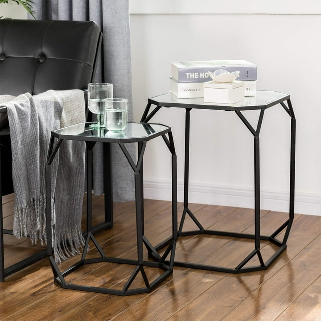 Glitzhome Set of 2 Nesting End Tables Glass Top Metal Frame Side Table