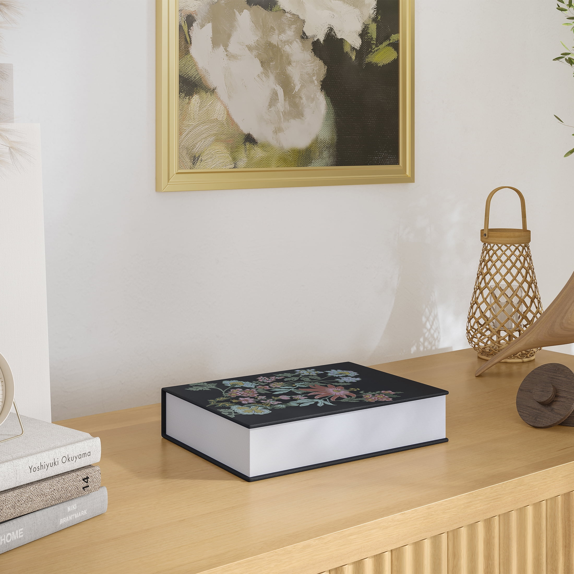 Beautiful Floral Faux Book Decorative Storage Box by Drew Barrymore, 7" x 9", Black