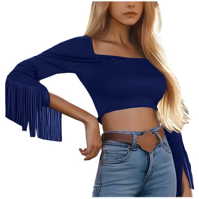 HongQid Fringe Tops for Women Western Cowgirl Fall Long Sleeve with Tassels Stretchy Crop Shirts Blouses