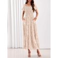 thumbnail image 4 of Beige Floral Tiered Maxi Dress Square Neck Short Sleeve Smocked Waist Flowy, 4 of 27